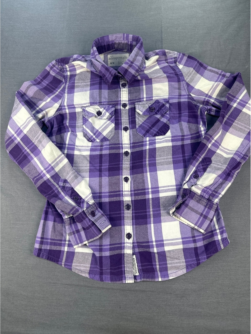 aéropostale Women Button-Up Shirt Medium Purple Cotton Plaid
